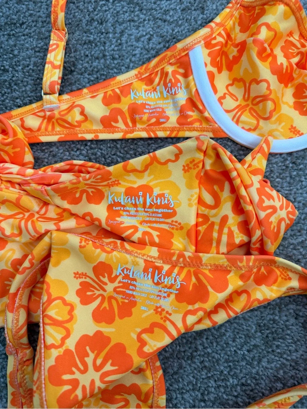 Kulani Kinis Orange Hibiscus 3 Piece Bikini Set S - Picture 3 of 3